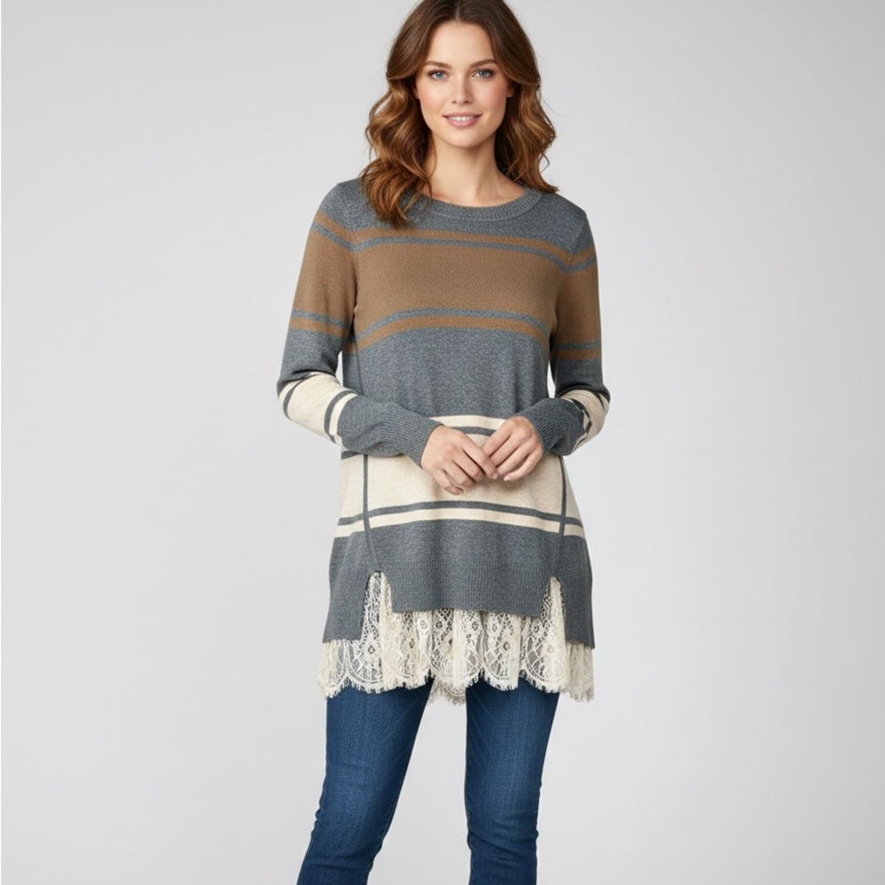 LOGO Lori Goldstein Gray Brown Cream Stripe Sweater Lace Trim Tunic